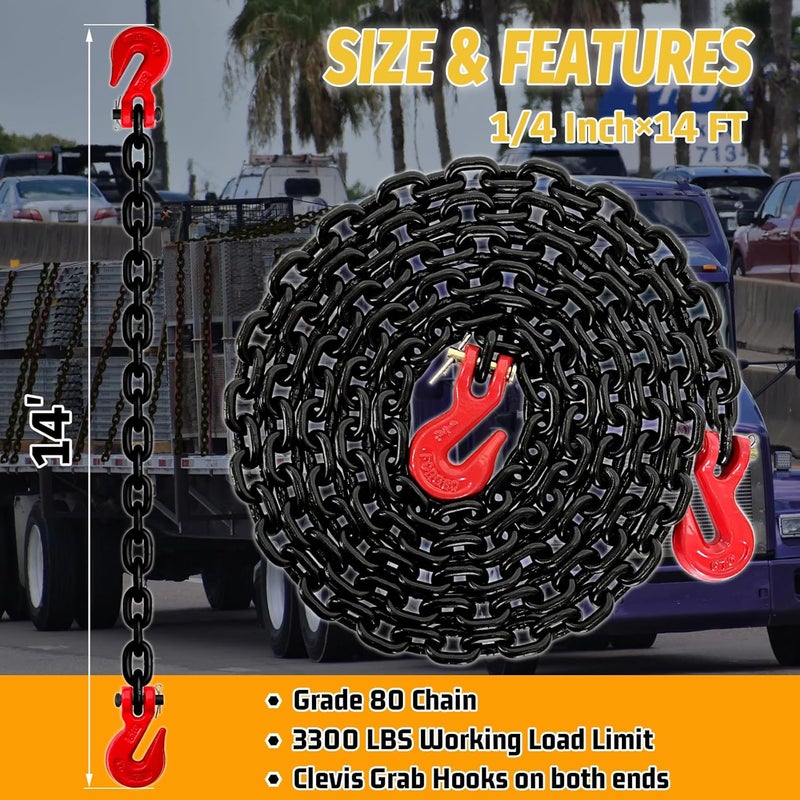 SENKEYFE G80 Transport Binder Chain,14FT 1/4“ Trailer Safety Chains with Clevis Grab Hooks,3300 Lbs Safe Working Load Heavy Duty Chain for Transporting,Towing,Logging Tie Down Binding - Image 2